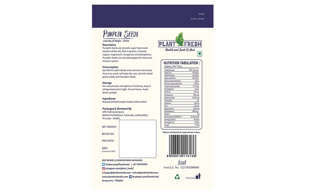 Plant Fresh Roasted & Salted Pumpkin Seeds   Pack  120 grams